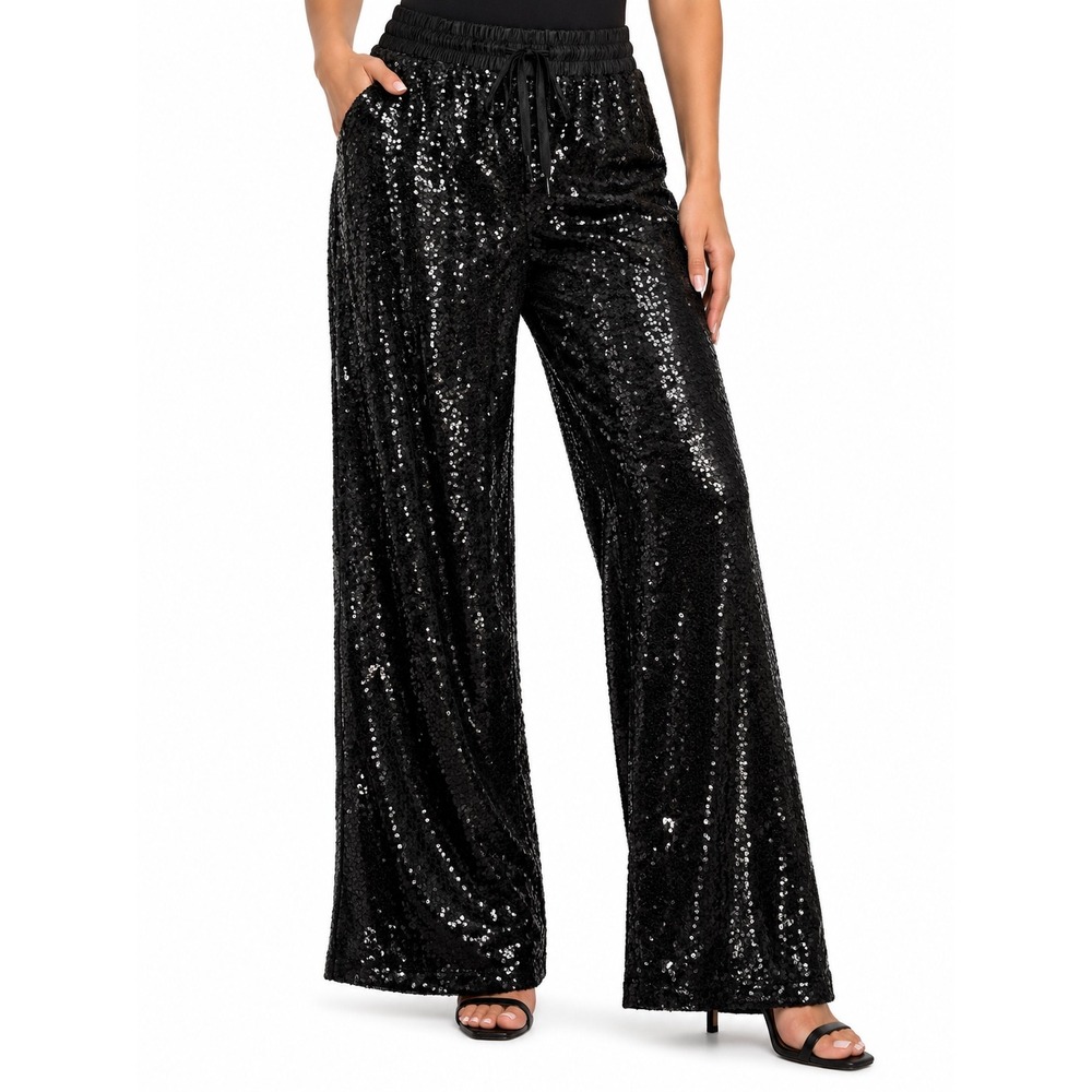Derek Heart Womens Black Sequin Wide Leg Pants Elastic Waist Drawstring NWT sml
